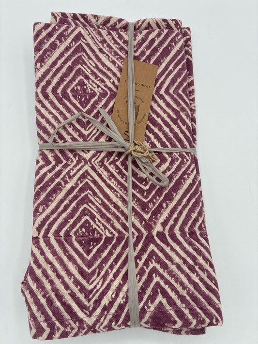 Natural Hand Printed Napkins with Plum Diamond Design