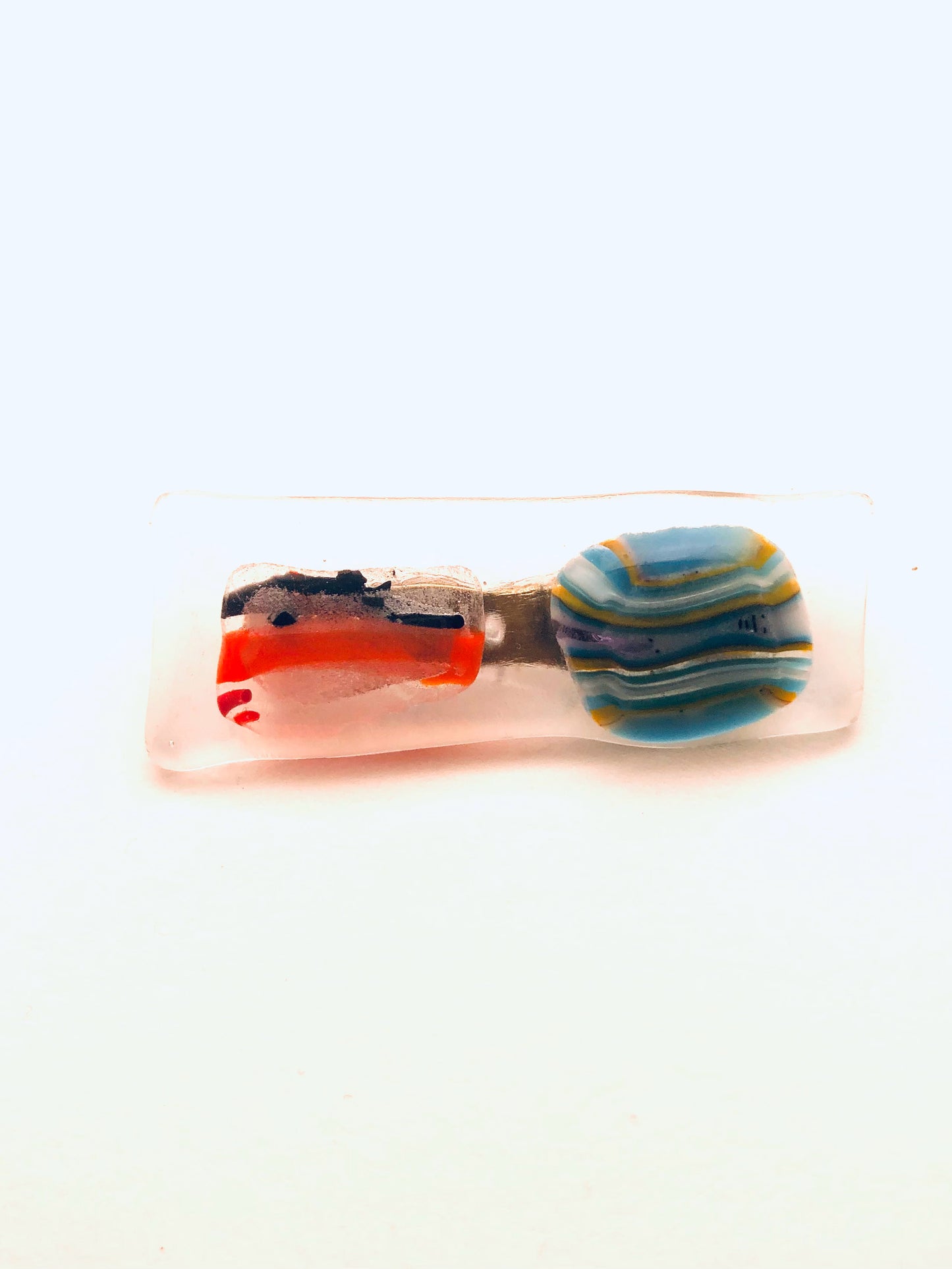 Fused Glass Pin, small, rectangular, clear with blue and orange