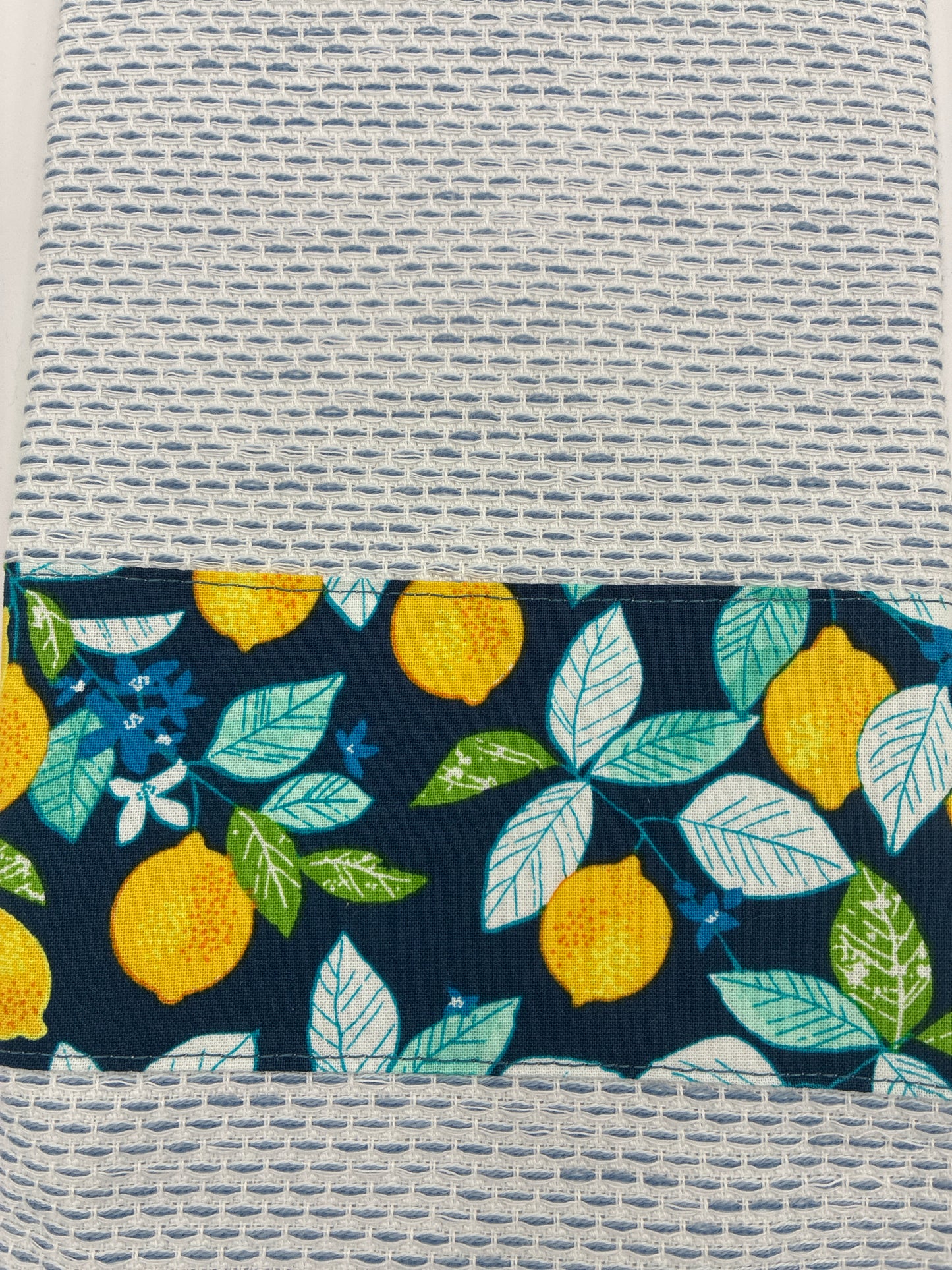 White Towel with Fine Blue Stripes and Lemon Trim