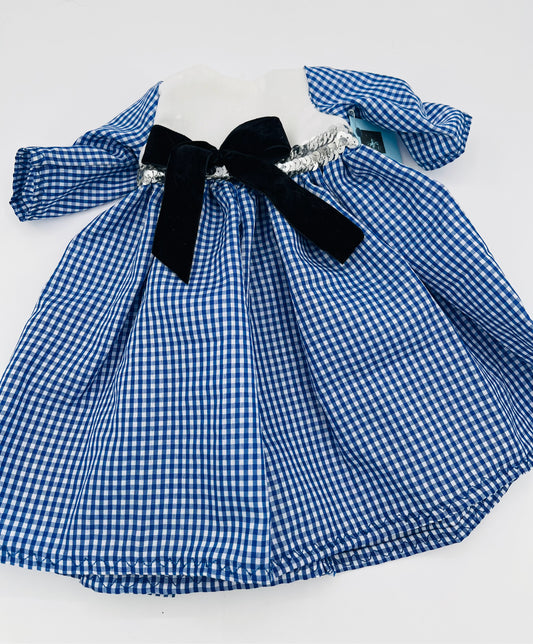 Blue Gingham Dress w/Silver Trim/Velvet Bow for 18" Doll