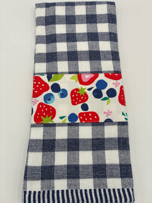 Navy and White Checked Towel with Berry Trim