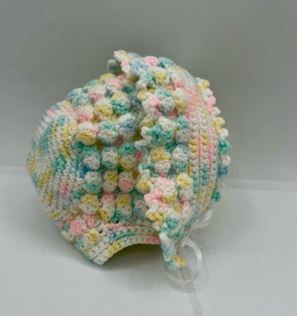 0-3 M White with Multi Pastel Acrylic Knit Cardigan and Bonnet Set