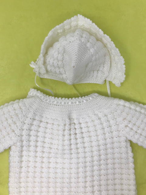 0-3 M White Cotton and Arcylic Knit Cardigan and Bonnet Set