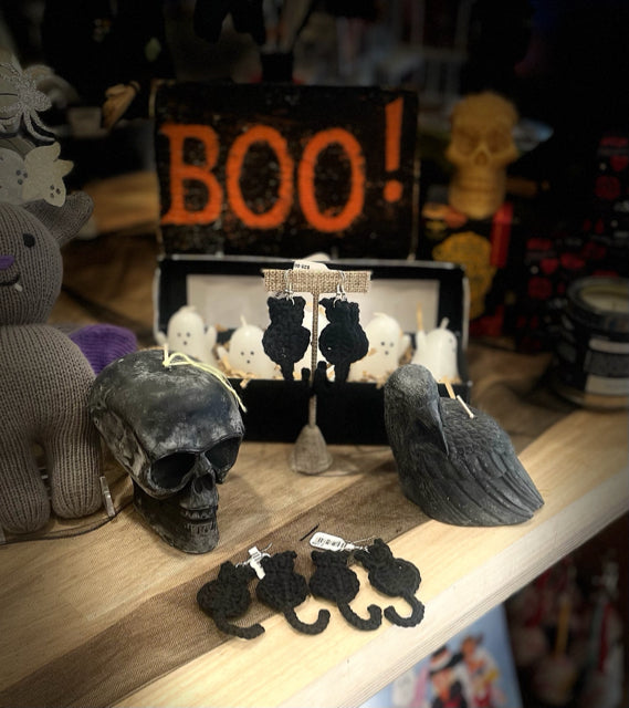 Cotton Crochet Black Cat Earrings