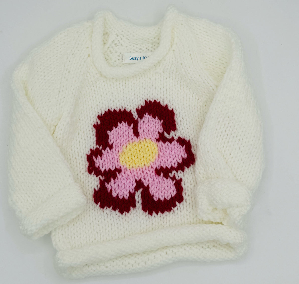 12-18 M White Acrylic Sweater with Pink and Red Daisy