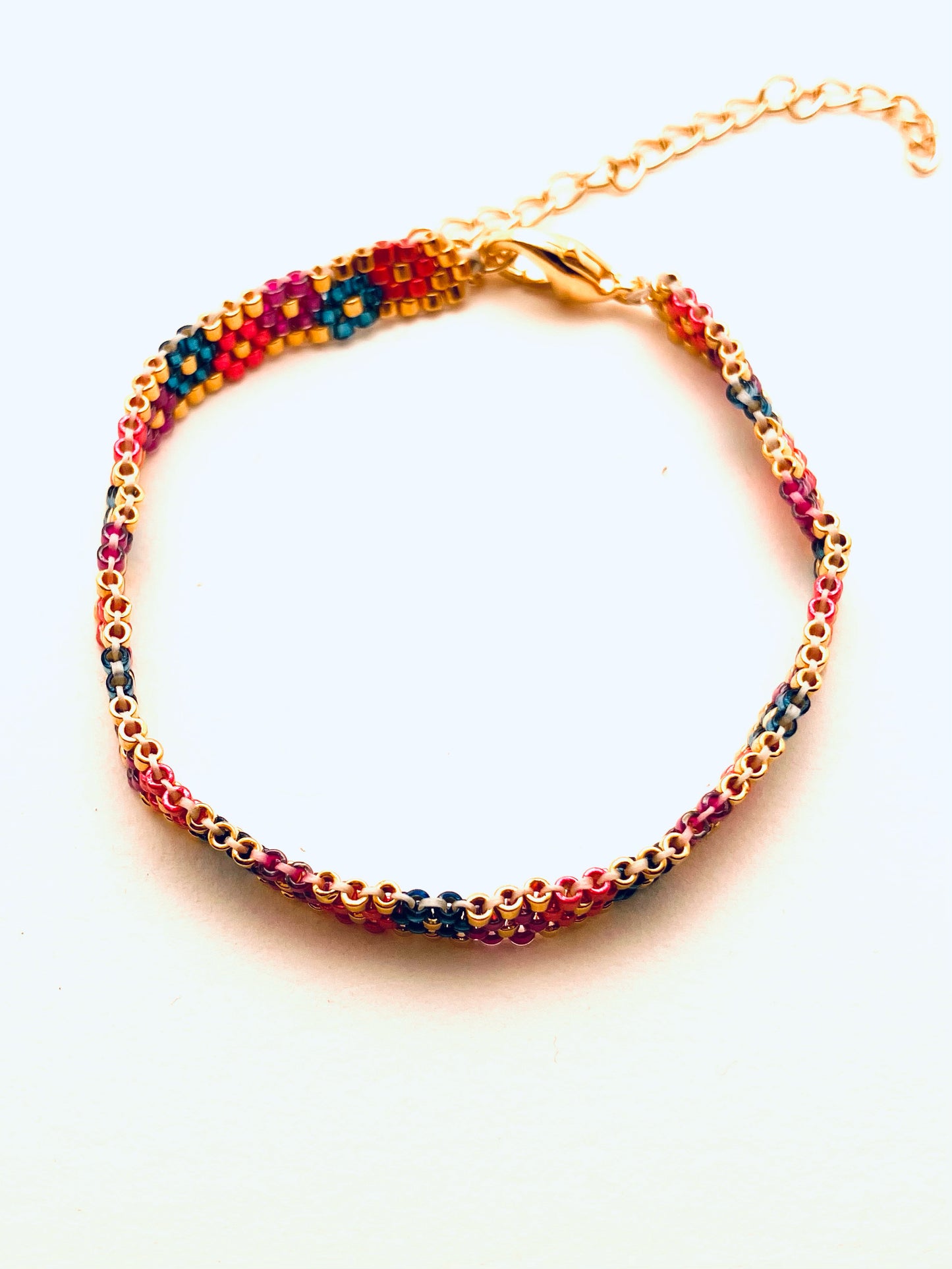 Beaded 4 Row Flower Bracelet, Gold, Pink Dark Turquoise and Purple