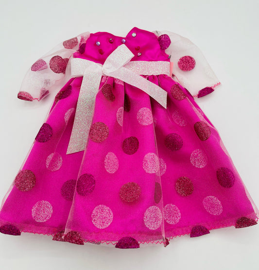 Hot Pink Party Dress w/Dots, Sequin Dots, and White Ribbon for 18" Doll