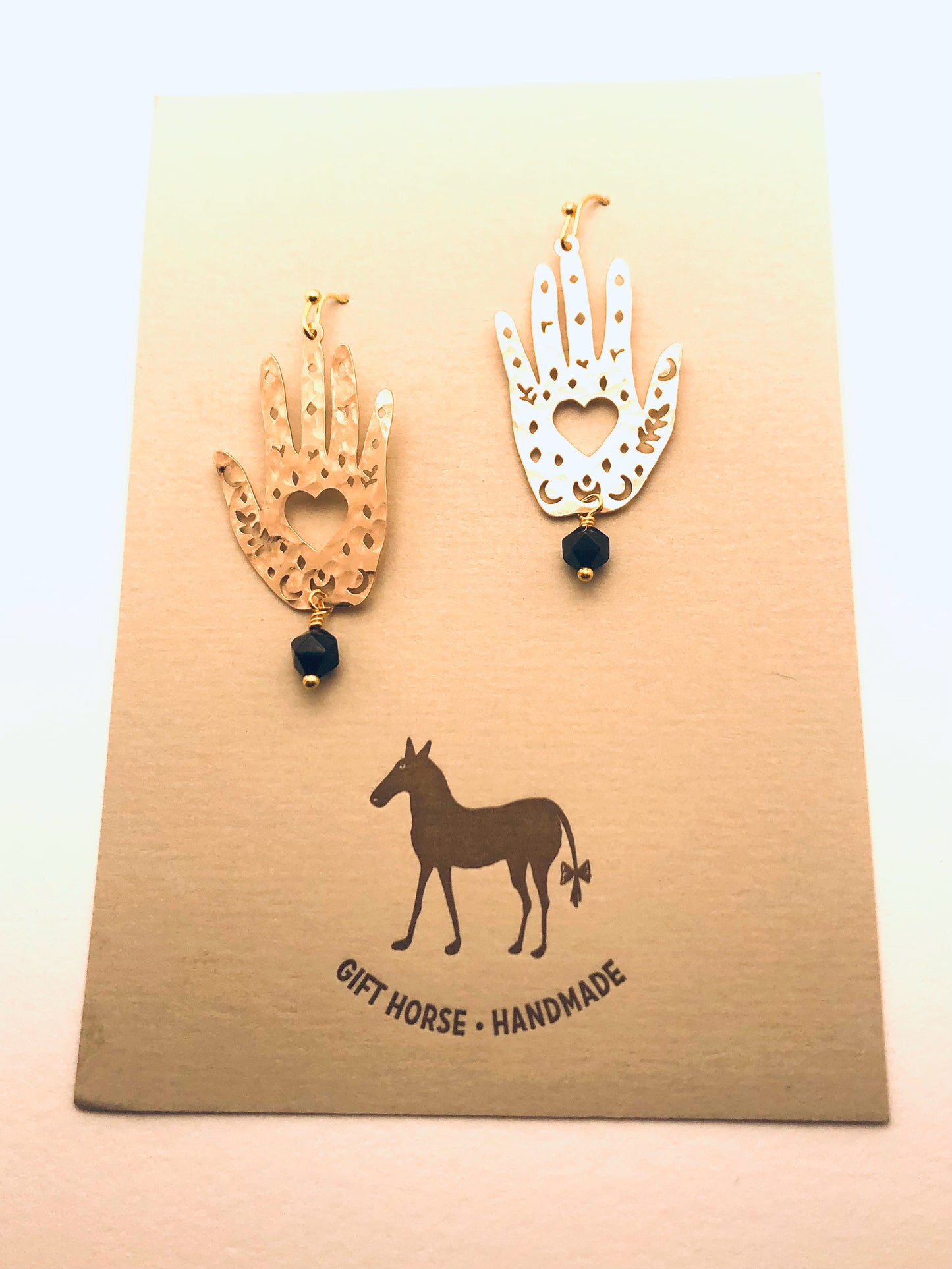 Hand Brass Earrings with Onyx Pearl
