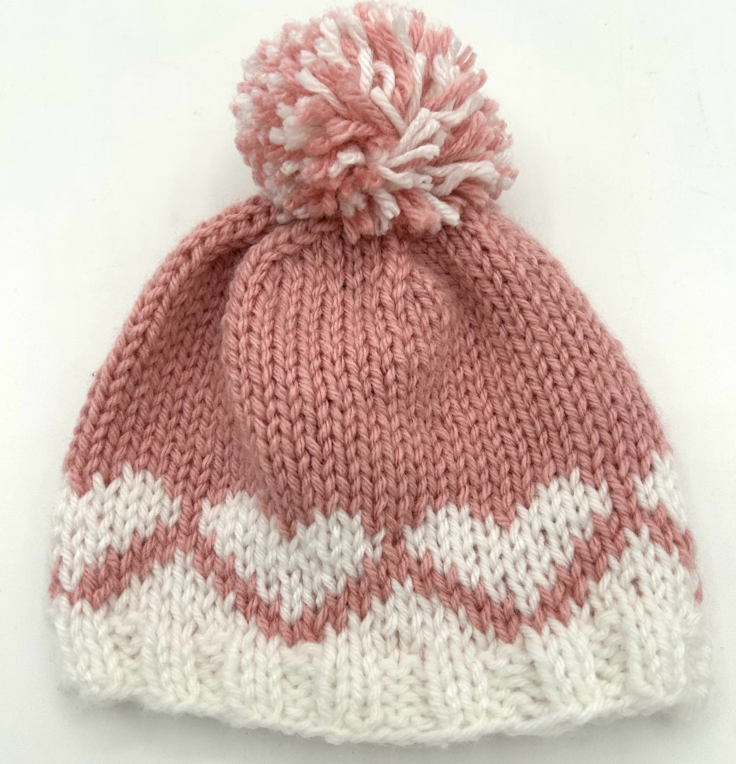 6-12 M - Handknit Pink Hat with White Hearts