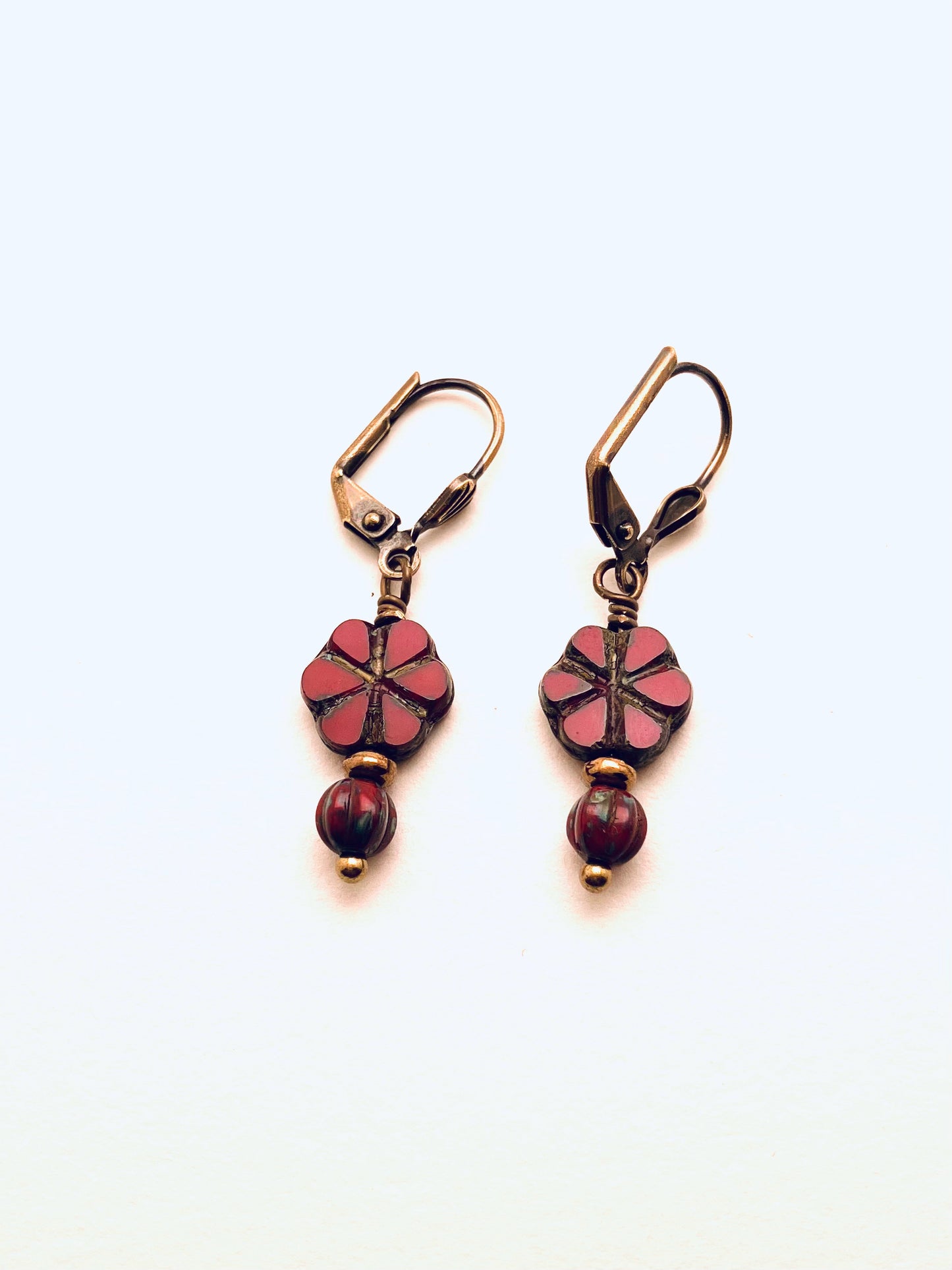 Czech Glass Earrings, Red Flower