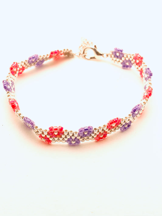 Beaded 4 Row Flower Edge Bracelet, Silver, Purple and Fuschia