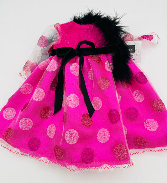 Hot Pink Dot Dress w/Black Velvet Bow and Boa for 18" Doll