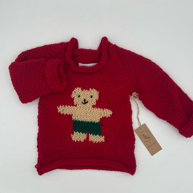 12-18 M Red Acrylic Knit Sweater with Beige Bear