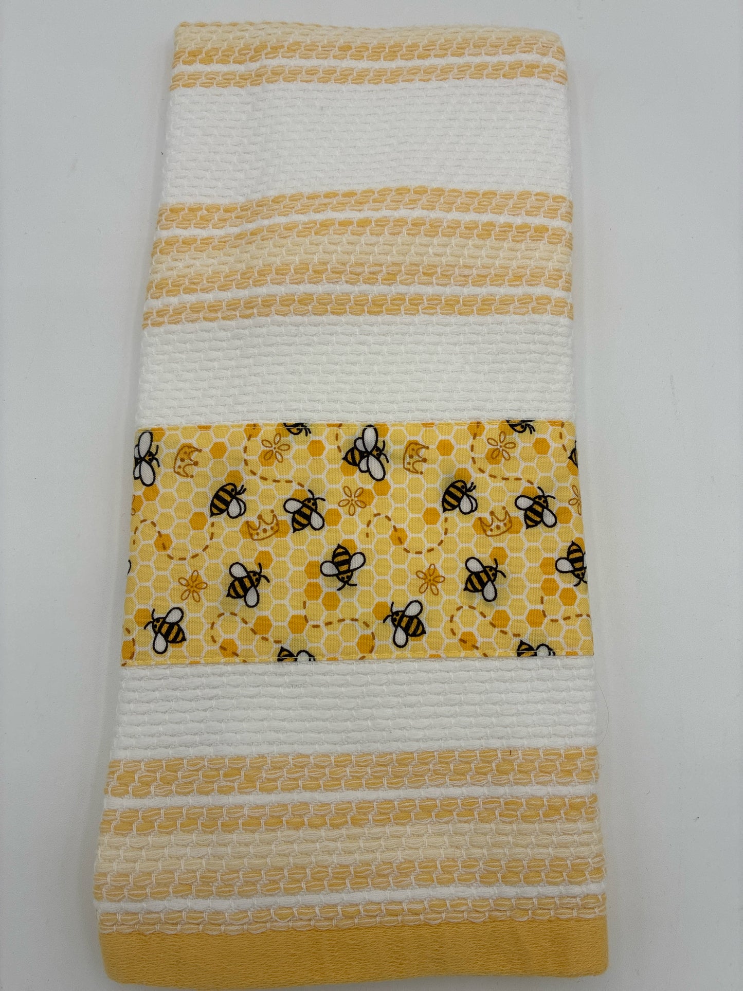 White Towel with Yellow Stripe and Bumble Bee Trim