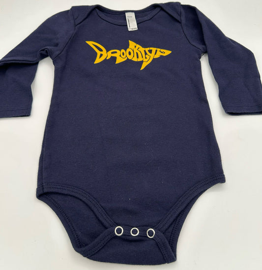 BK Shark Long-sleeved onesie yellow on navy size 6-12M