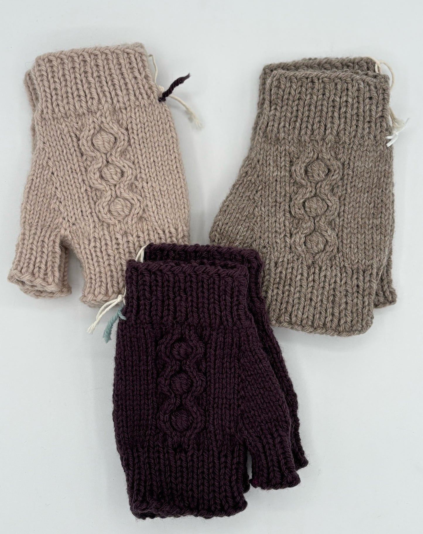 One Size Acrylic/Wool Blend Fingerless Gloves with Cables and Bobbles
