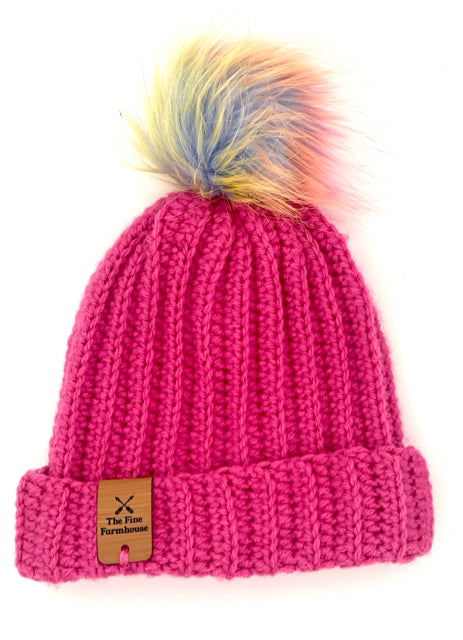 6-9 M Acrylic Crochet Hat with Faux Fur Pom Pom