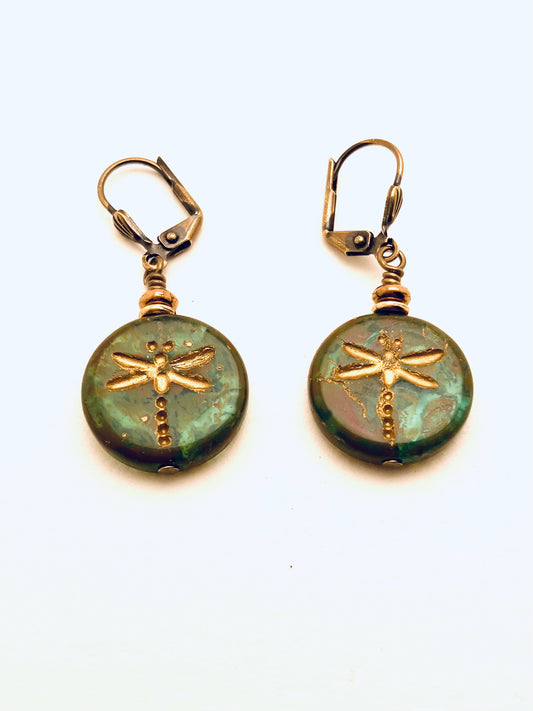 Czech Glass Earrings, Green Circle with Dragonfly