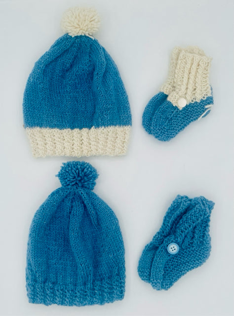 Infant Blue Alpaca Knit Hat & Booties