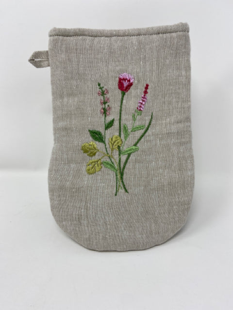 Oven Mitt - Oatmeal Linen with Embroidered Herbs