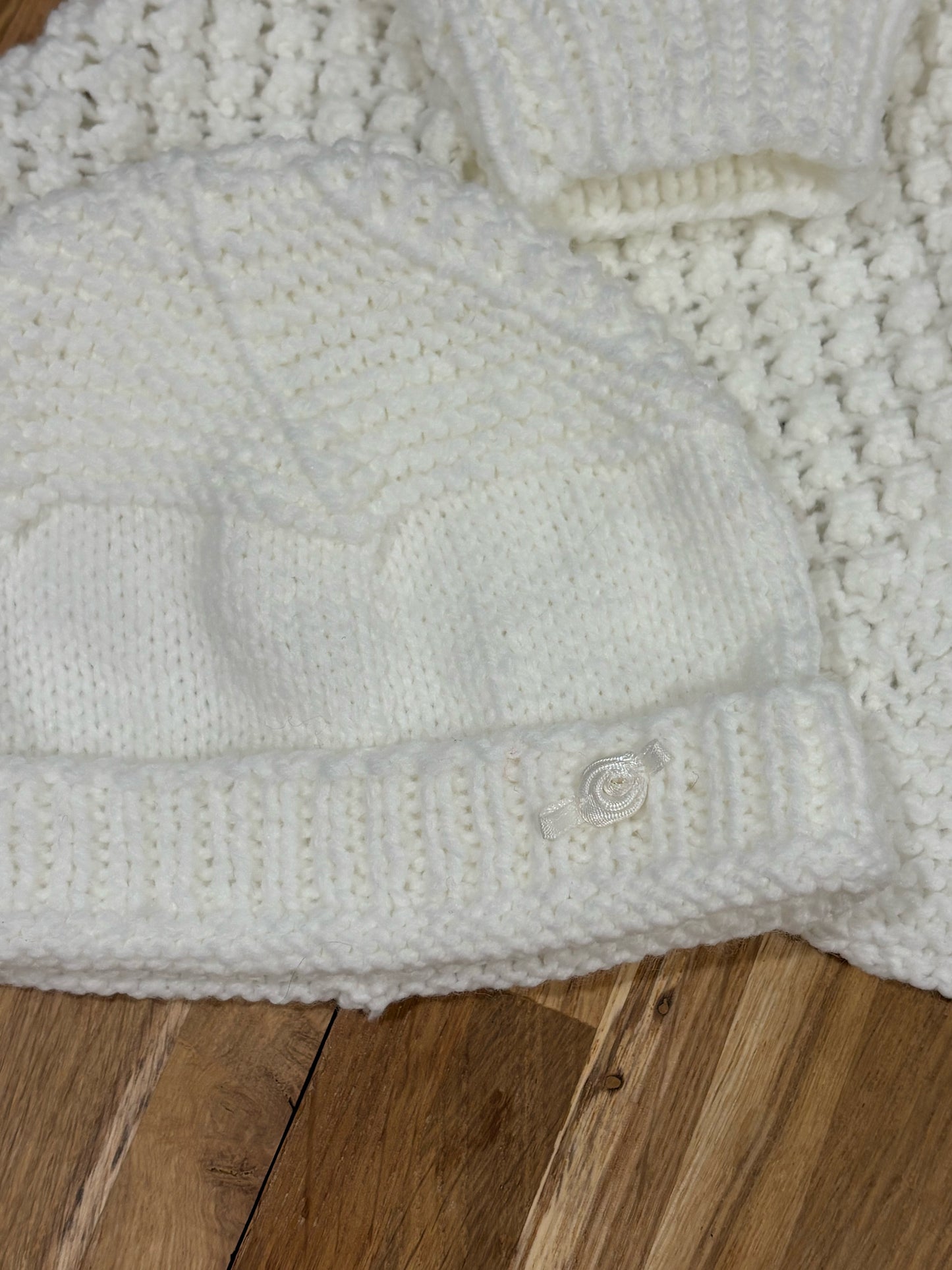 12 M White Acrylic Bobble Knit Jacket & Beanie