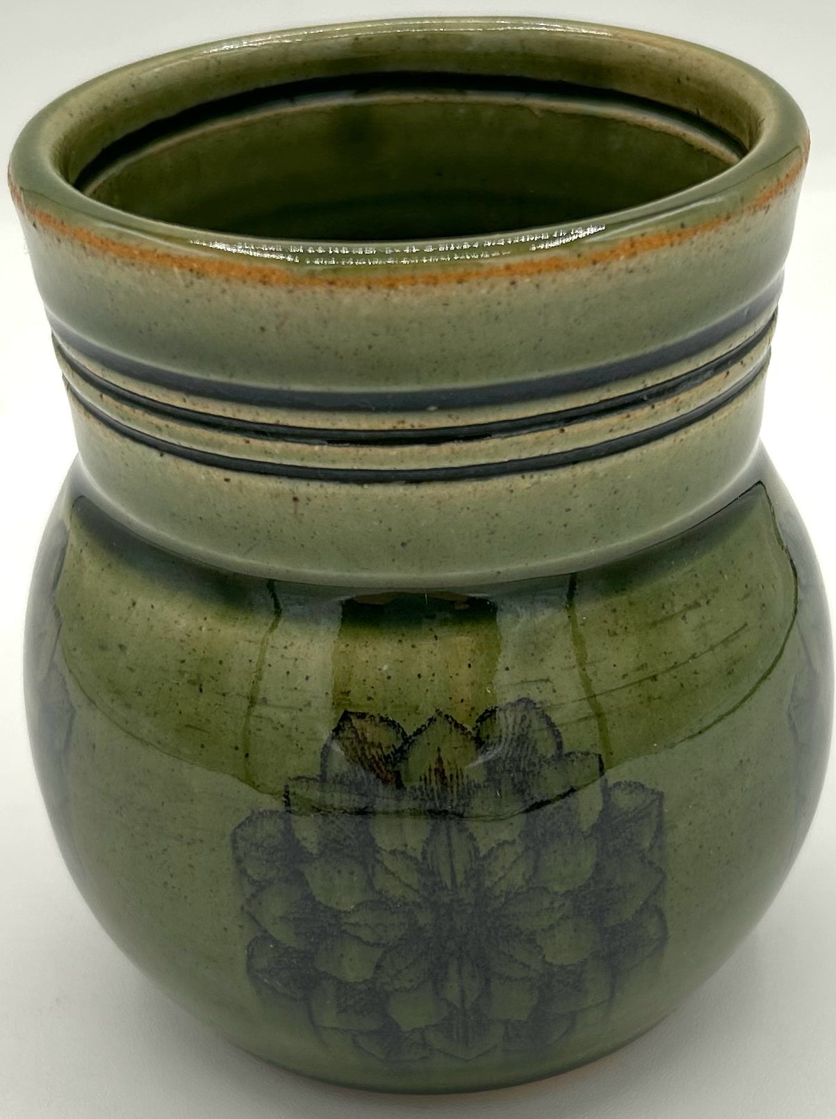 Olive Green Vase with Black Floral Design
