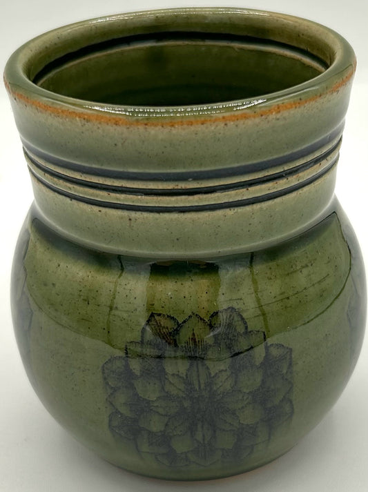 Olive Green Vase with Black Floral Design
