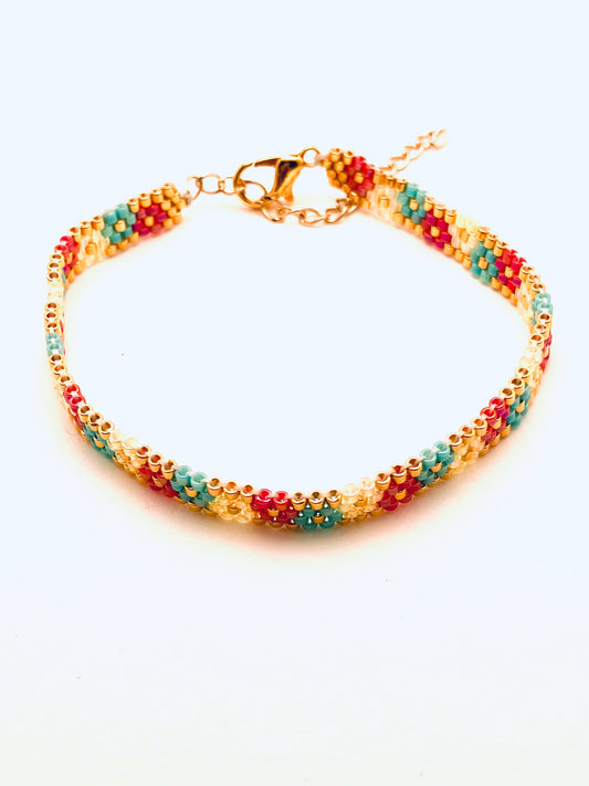 Beaded 4 Row Flower Bracelet, Red, Yellow, Blue and Gold