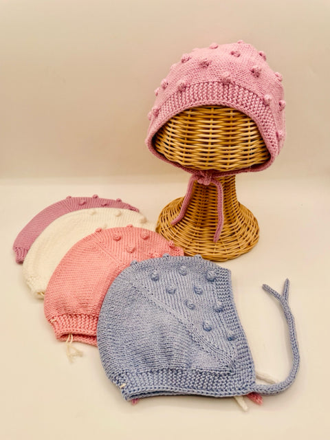 0-3 M White Cotton Blend Knit Baby Bonnet with Bobbles and tie