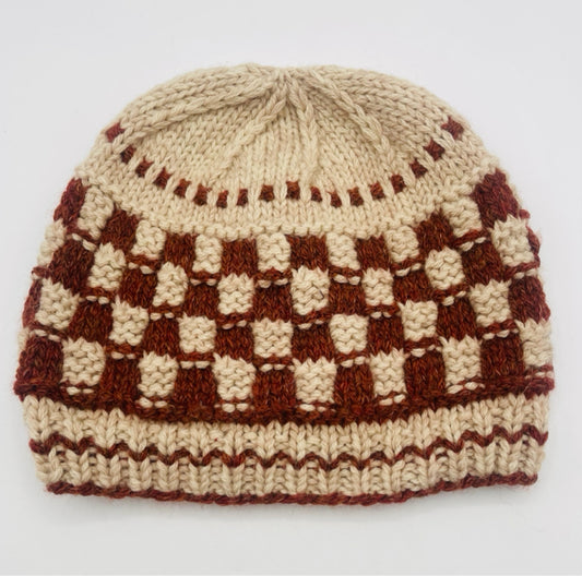 M/L Cashmere and Alpaca Brown and Tan Checkered Knit Hat