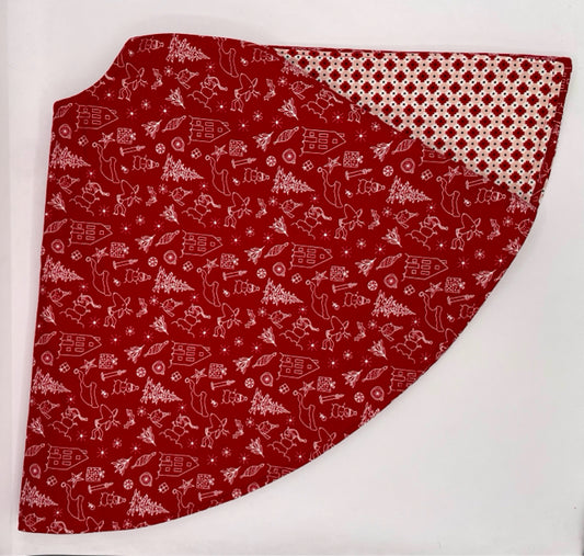 Burgandy and White Figures on Red and Pink Pattern Christmas Tree Skirt