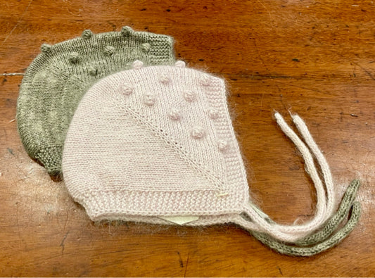 0-6 M Rayon and Mohair Knit Baby Bonnet with Bobbles and tie