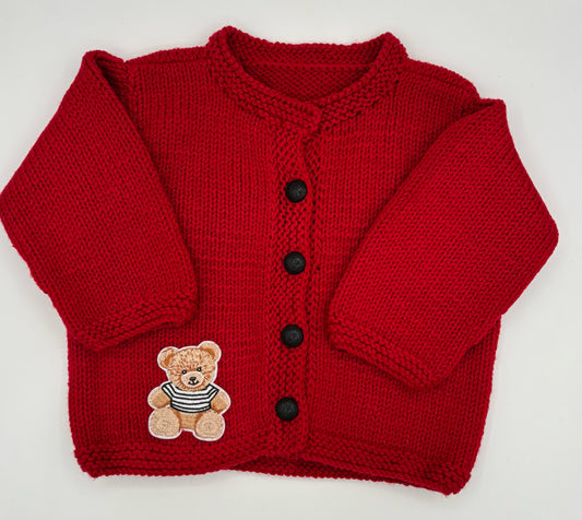 12-18 M Red Acrylic Knit Cardigan with Bear Patch