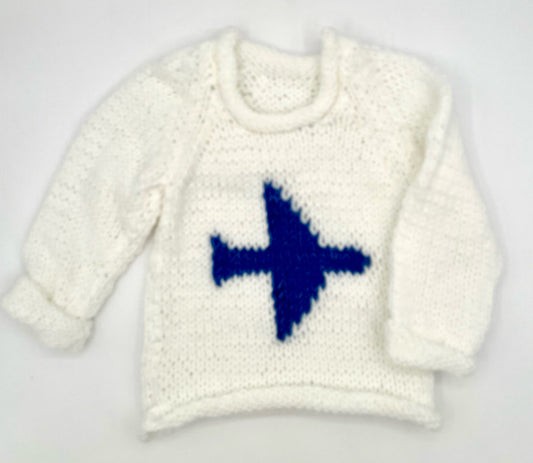 12 M White Acrylic Knit Sweater with Denim Blue Airplane
