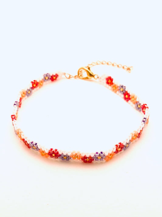 Beaded 4 Row Flower Bracelet, Red, Pink, Purple and White