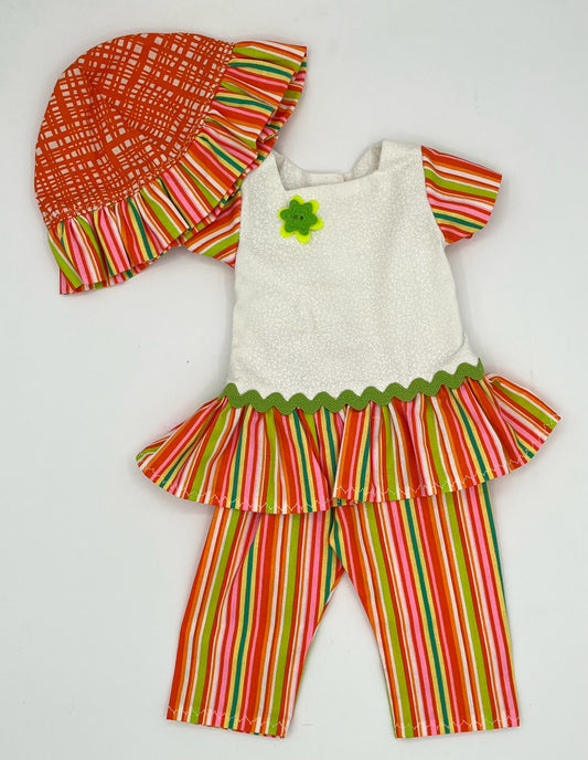 Three Piece Orange Striped Outfit with Top, Pants, and Hat for 18" Doll