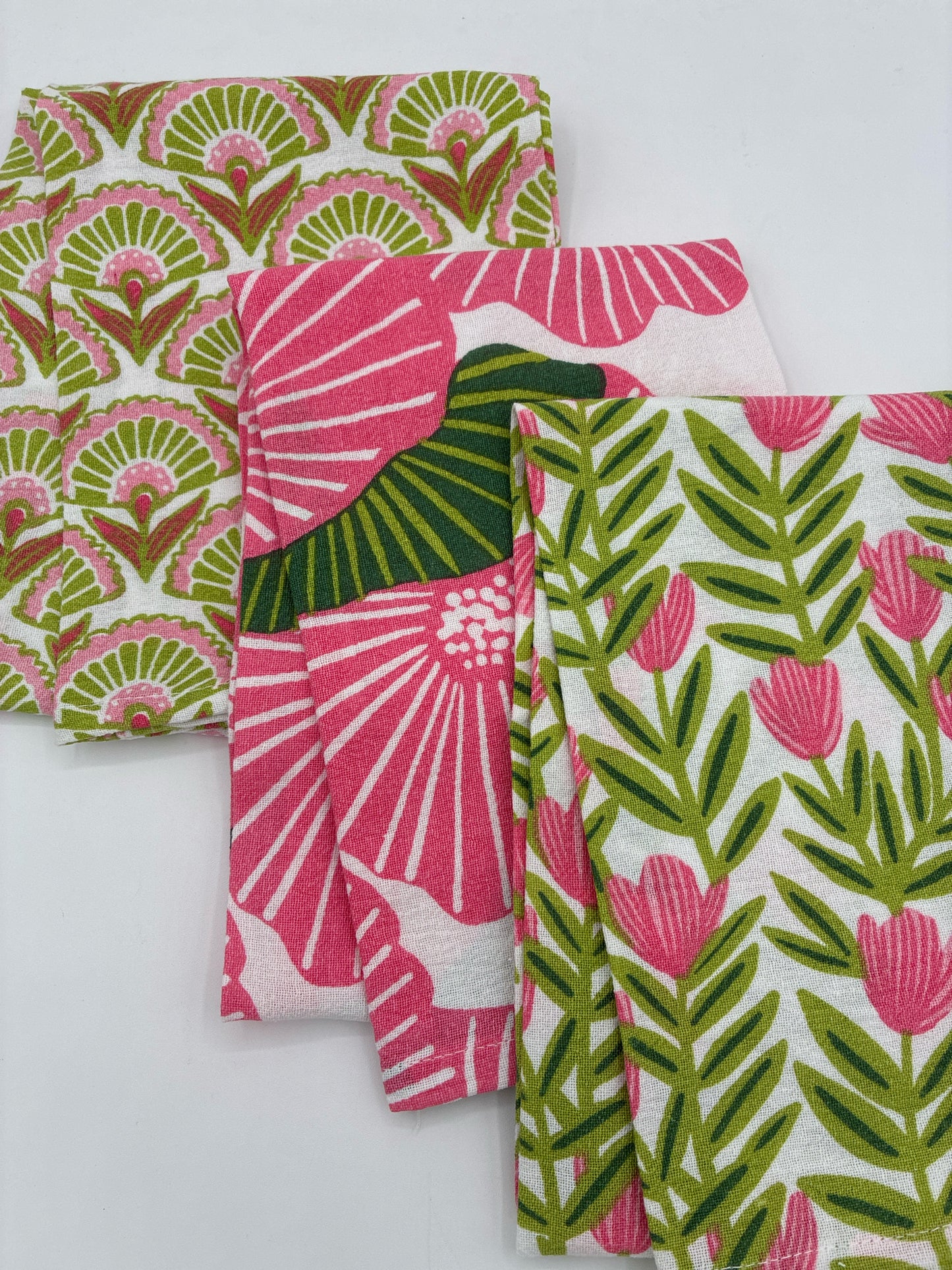 Towels - Bright Pink Poppy, Green-Pink-Rose Fan Print, Lime & Pink Tulip Print