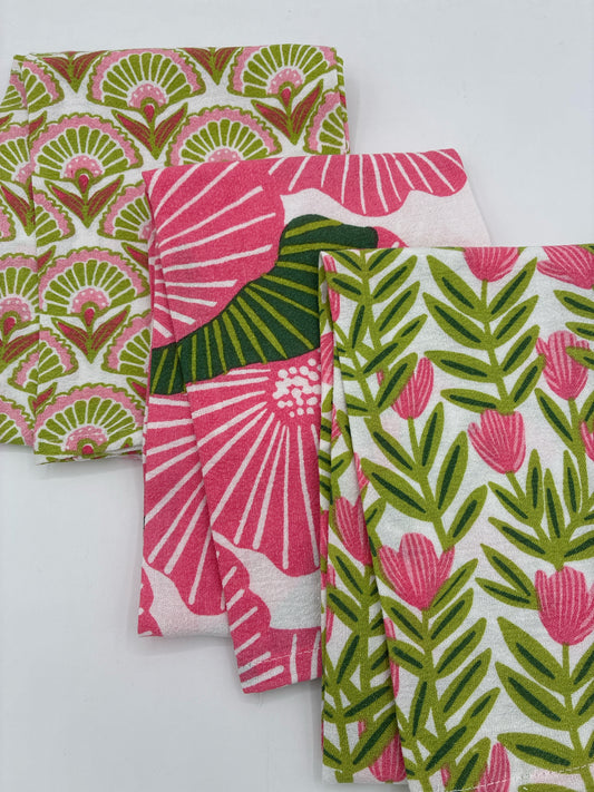 Towels - Bright Pink Poppy, Green-Pink-Rose Fan Print, Lime & Pink Tulip Print