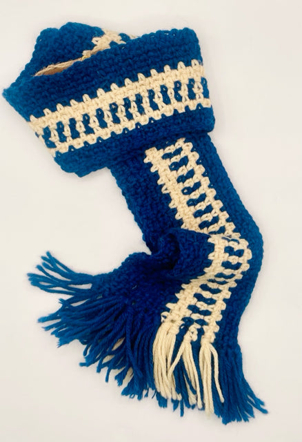 Blue and Cream Alpaca Knit Scarf with Fringe