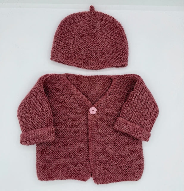 12 M Dusty Pink Cardigan/Beanie Set -  Linen, Alpaca, Wool Blend
