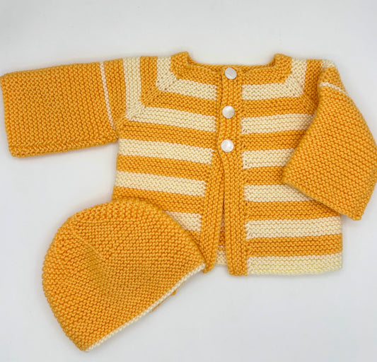 0-6 M Gold and Cream Stripe Acrylic Cardigan Set with Beanie