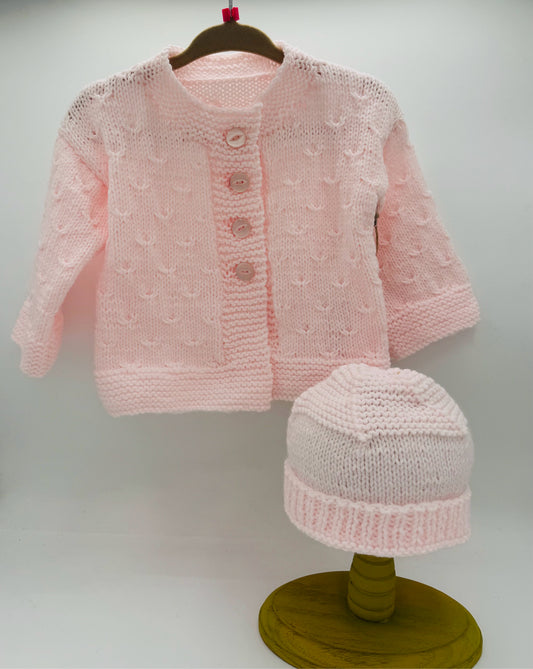 6-12 M Pink Acrylic Eyelet Knit Jacket and Beanie Set
