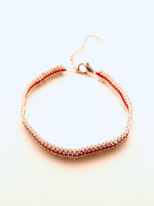 Beaded Center Stripe Bracelet, Silver and Red