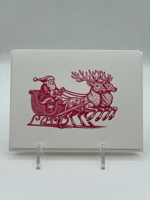 Woodcut Santa In Sleigh with Reindeer Card