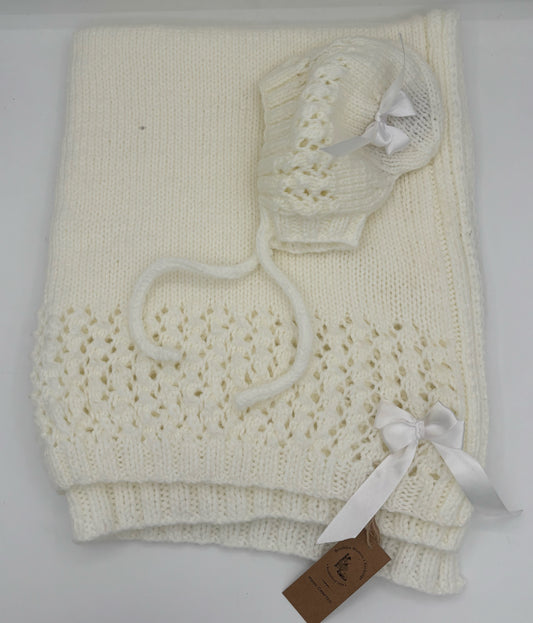 White Acrylic Baby Blanket with Bonnet