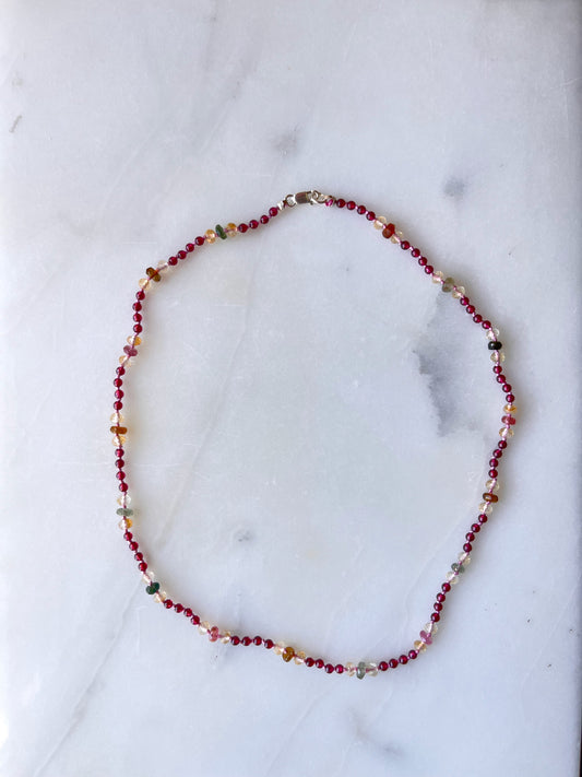 Tourmaline, Citrine with Garnet Knotted Necklace