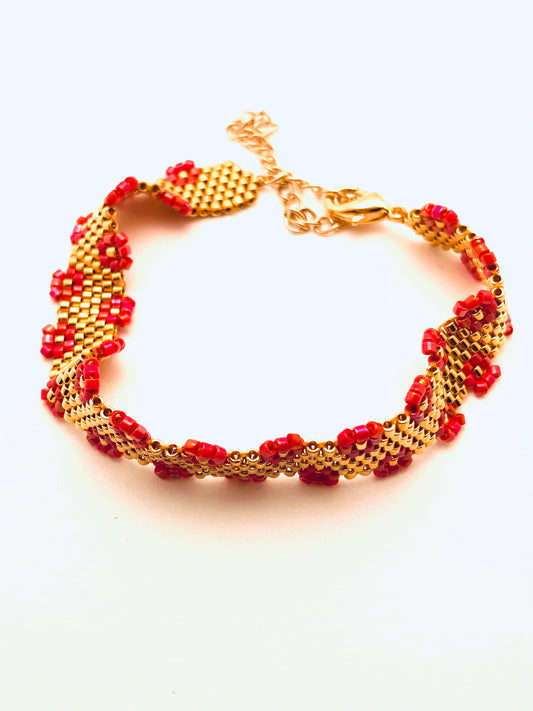 Beaded 6 Row Flower Edge Bracelet, Gold and Red