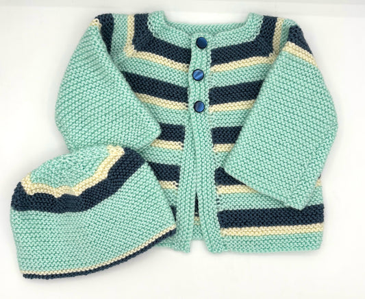 6-12 M Aqua, Blue, and White Stripe Acrylic Cardigan Set with Beanie