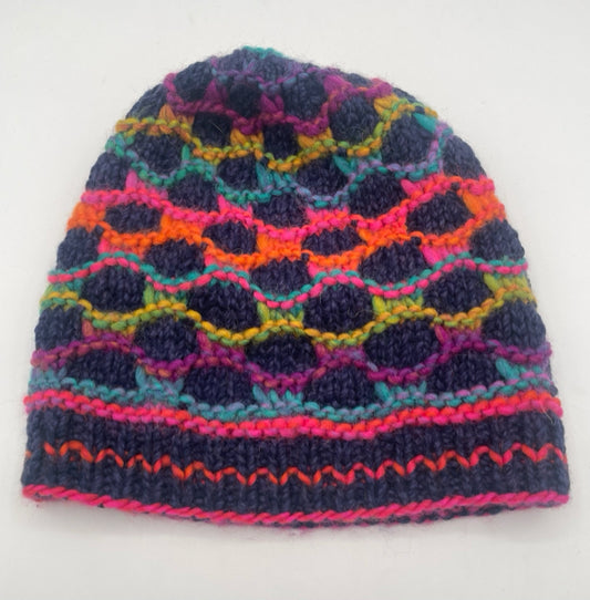 L/XL Midnight Blue Cashmere, Silk, and Wool Honeycomb Knit Hat