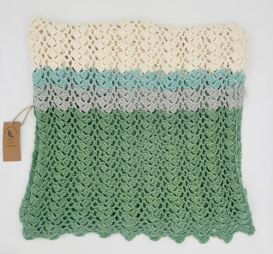 Cream and Celadon Cotton Crochet Summer Shawl